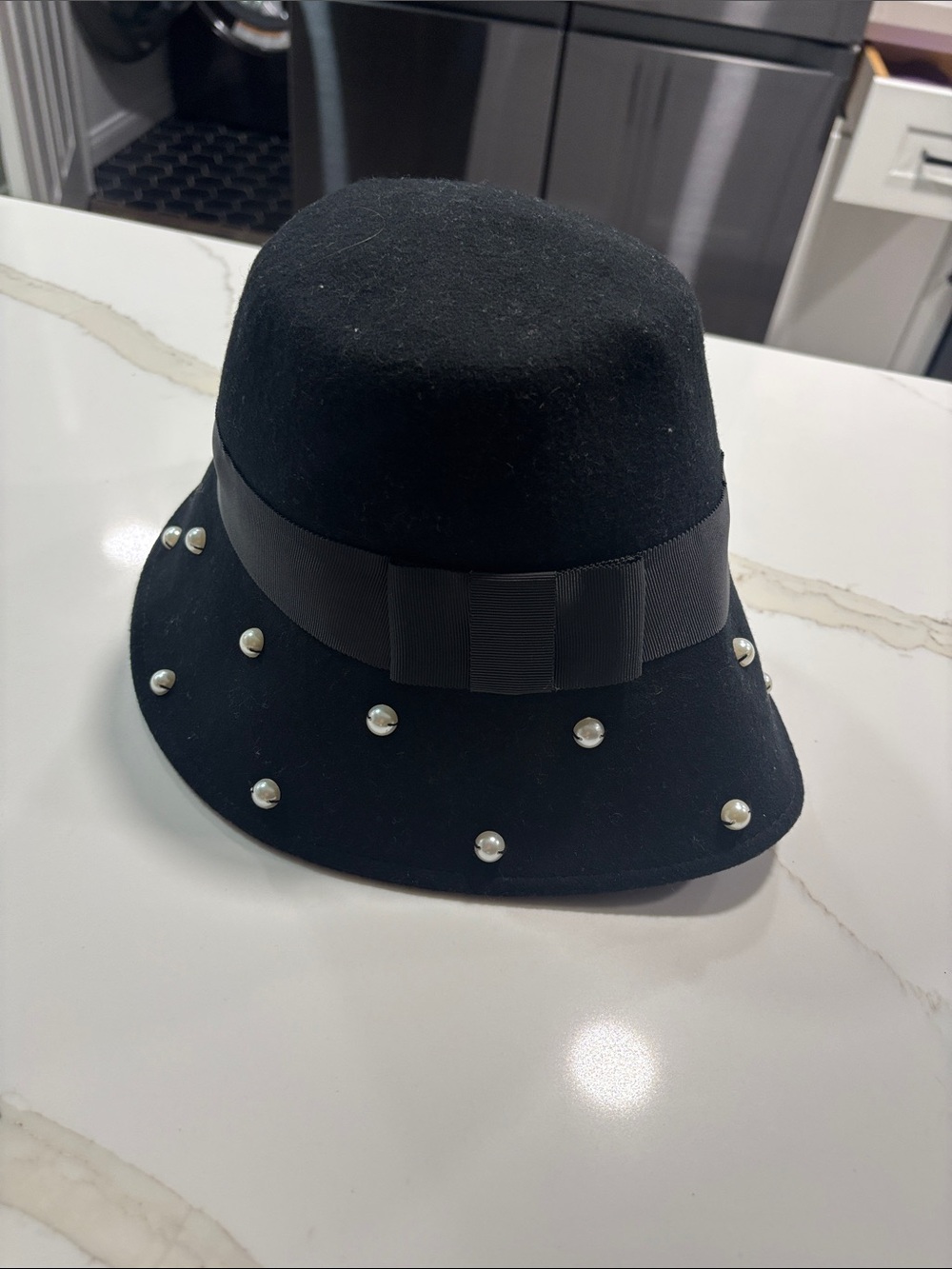 kate spade Black Felt Pearl-Embellished Cloche Hat
